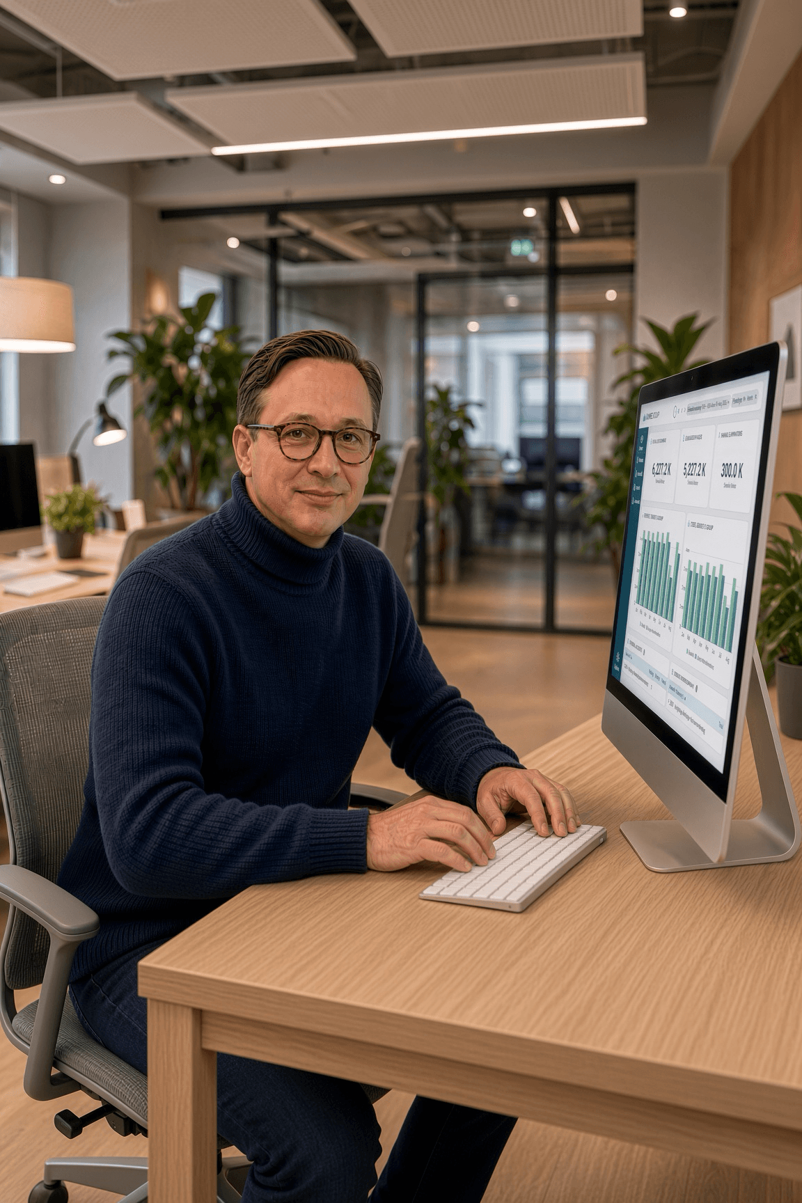 Magnus vid datorn med en koncernvy från Konstrukt på skärmen